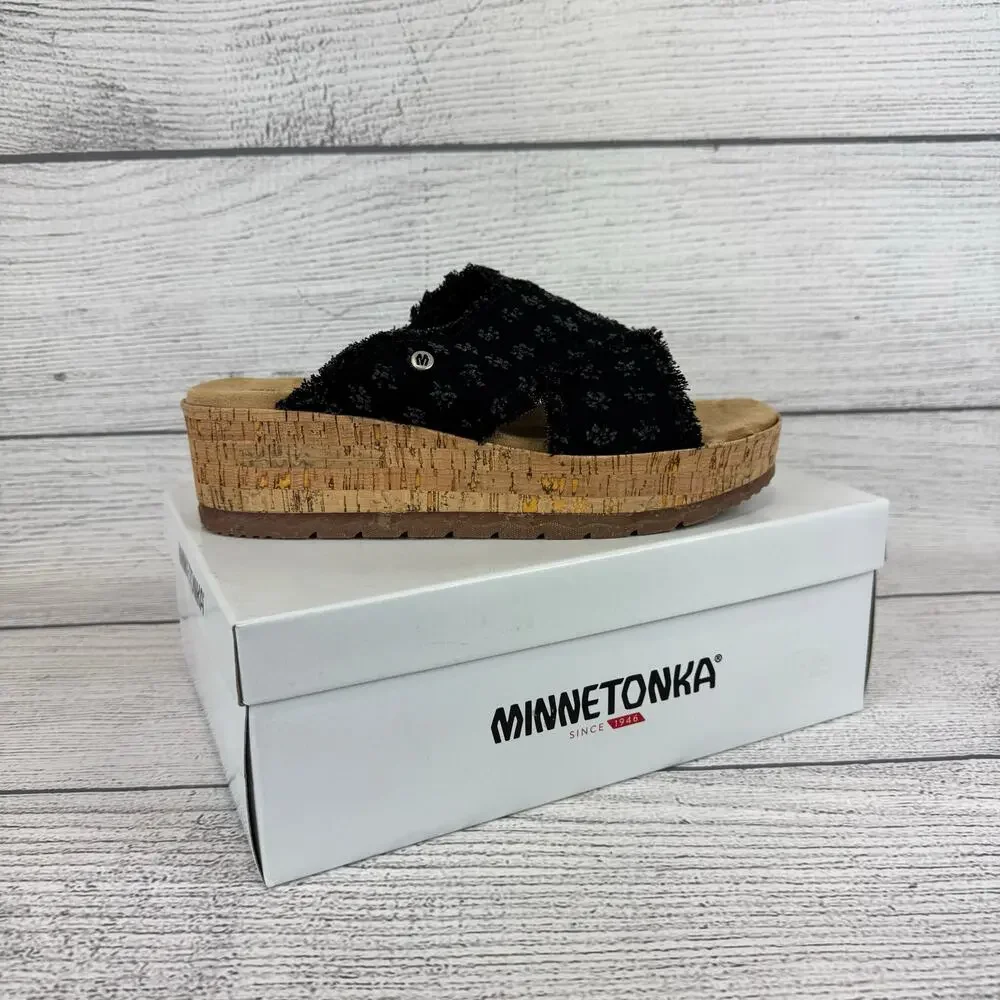 Minnetonka Women's Black Distressed Denim Posey Wedge Sandals Size 11